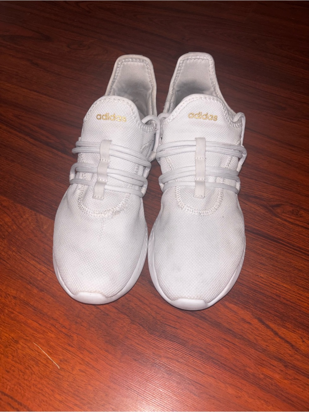 adidas White Sneakers with Gold Logo/ pure motion adapt 2.0 white matte gold